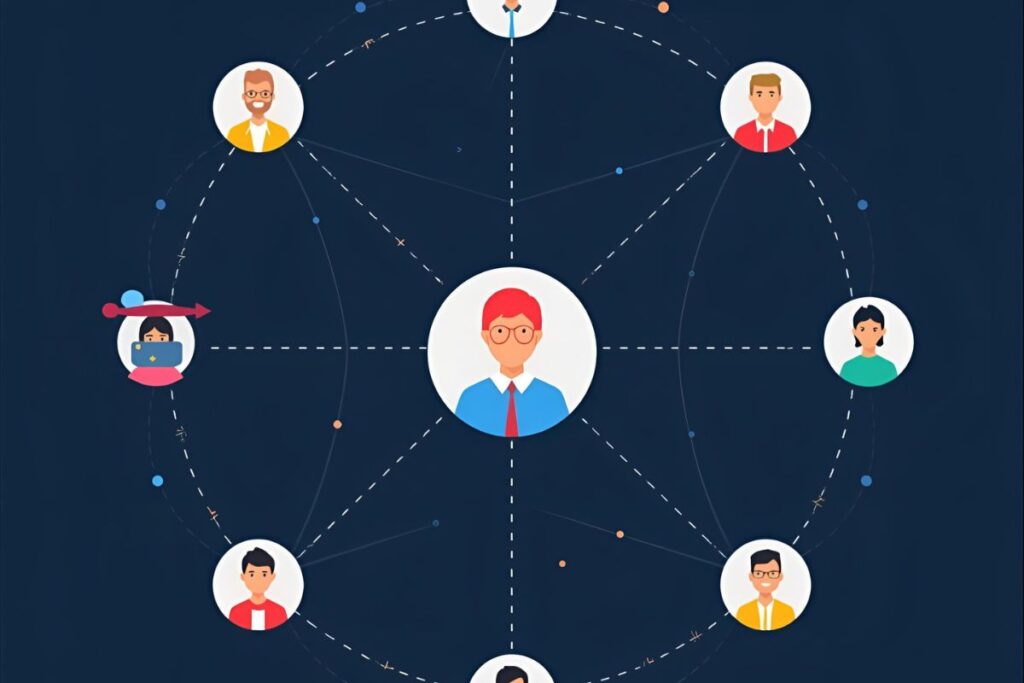 Imagem de rede de marketing de afiliados, ilustrando as plataformas Hotmart, Kiwify e Monetizze, com produtores e afiliados conectados.