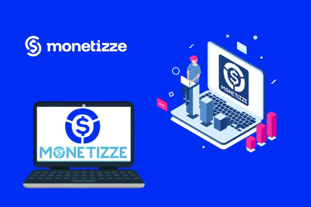Ilustração digital da plataforma de afiliados Monetizze, mostrando análise de dados e crescimento de vendas.