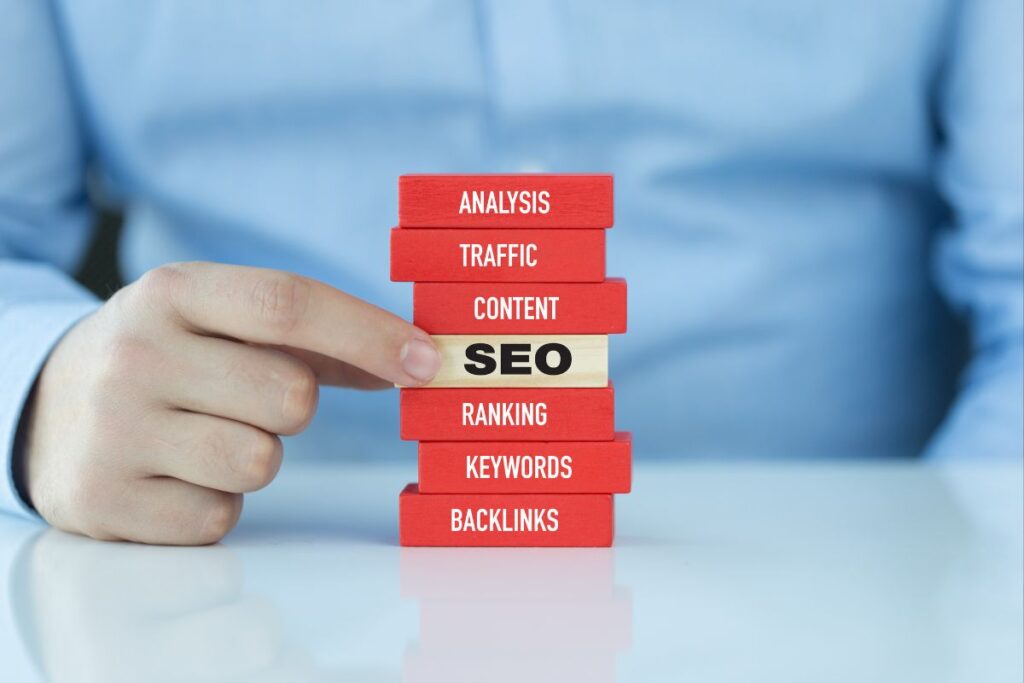 Blocos de construção do SEO on-page para afiliados: Análise, Tráfego, Conteúdo, Ranking, Palavras-chave e Backlinks.