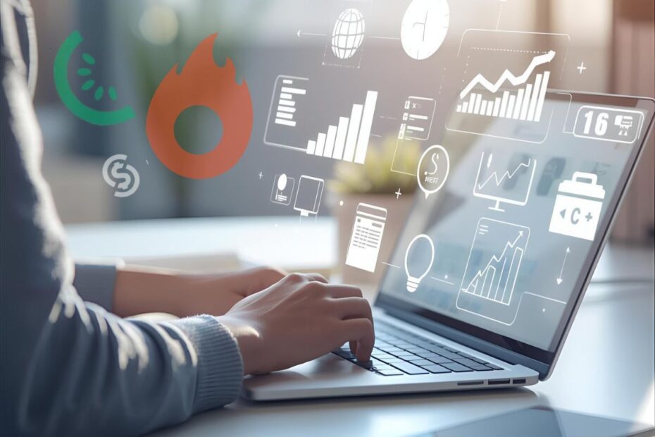 Pessoa trabalhando no laptop com gráficos de marketing digital e ícones de análise flutuando, representando o trabalho com plataformas de afiliados como Hotmart, Kiwify e Monetizze
