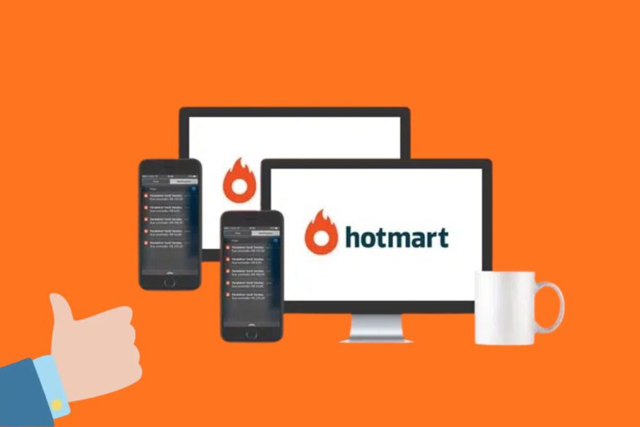 Uma representação visual da plataforma Hotmart em diferentes dispositivos (computador e smartphones) com um polegar para cima, indicando aprovação e sucesso.
