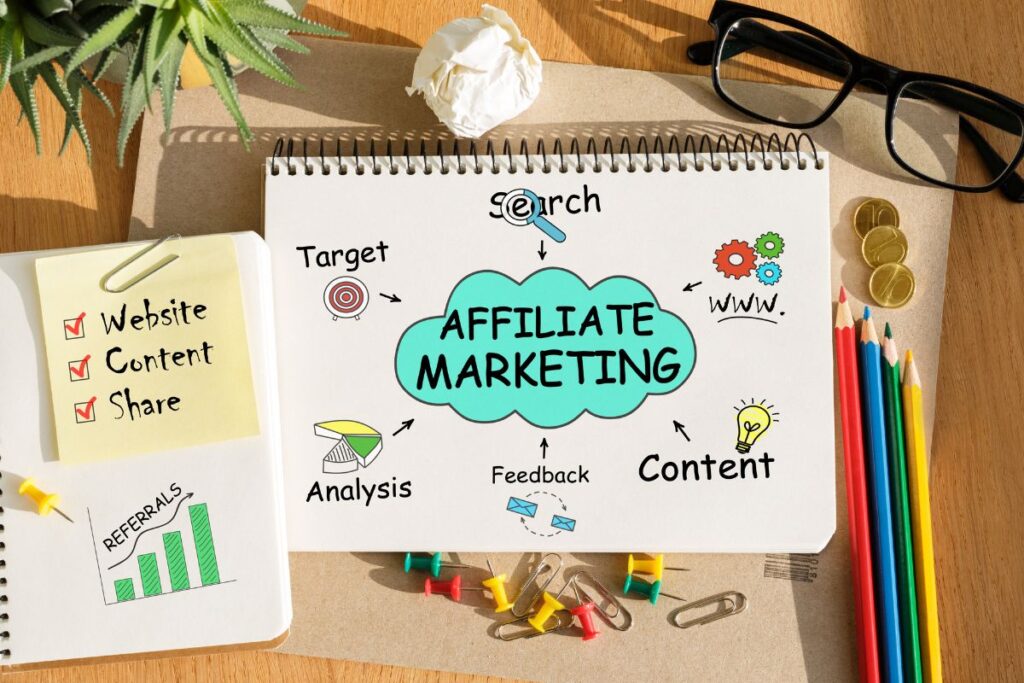 Diagrama de marketing de afiliados com foco em nicho e análise de mercado para encontrar público-alvo.