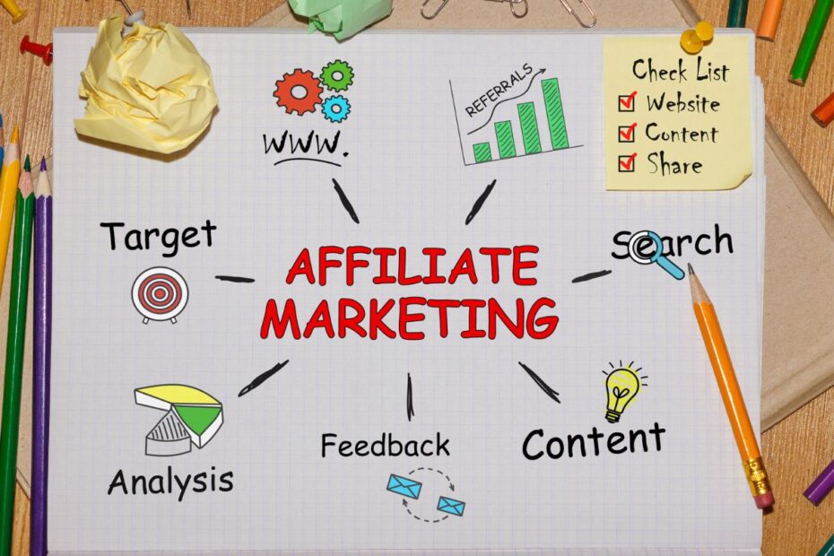 Fluxograma de marketing de afiliados desenhado à mão, mostrando os passos para iniciar e otimizar campanhas em plataformas de afiliação, incluindo análise e conteúdo.