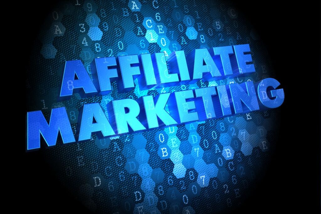 Texto 3D "AFFILIATE MARKETING" em letras azuis brilhantes, simbolizando a importância e o foco desse modelo de negócio no cenário digital e em plataformas de afiliação.