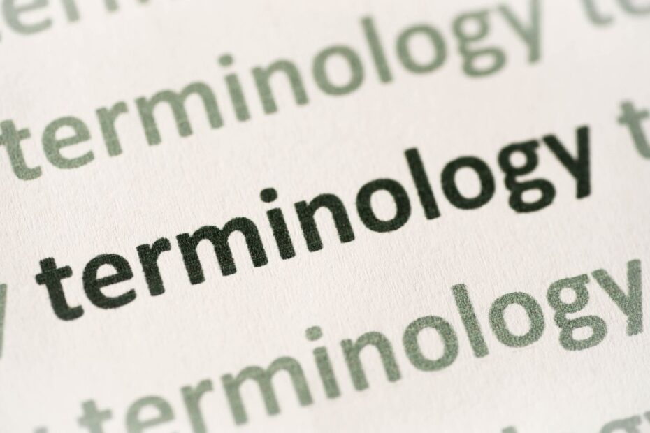Close-up da palavra "terminology" (terminologia) em preto sobre papel branco.