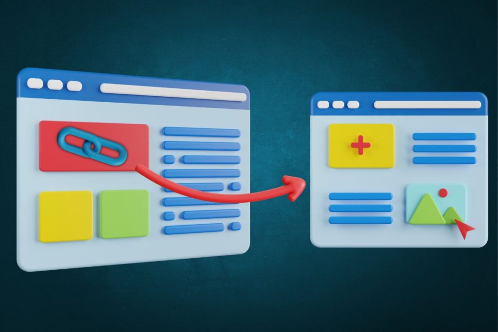 Construção de links: seta vermelha simbolizando a transferência de autoridade (backlink) entre dois sites