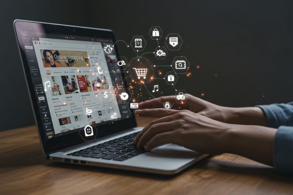 Pessoa trabalhando em laptop com site de compras online e ícones digitais flutuantes representando marketing de afiliados e estratégias de conteúdo para e-commerce