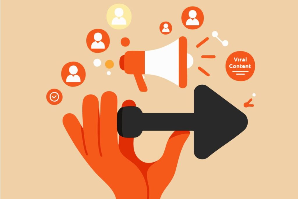 Ilustração de mão segurando botão play com megafone e ícones de pessoas representando conteúdo viral e estratégias de marketing de conteúdo para engajamento de audiência