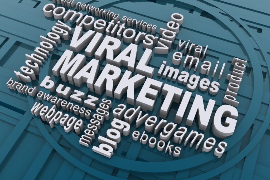 Nuvem de palavras em 3D destacando viral marketing e estratégias de divulgação de produtos e serviços digitais para afiliados