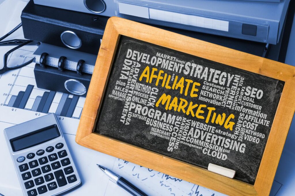 Quadro de giz com nuvem de palavras "AFFILIATE MARKETING" ao lado de gráficos e calculadora, indicando a análise de performance das plataformas de afiliados mais rentáveis.