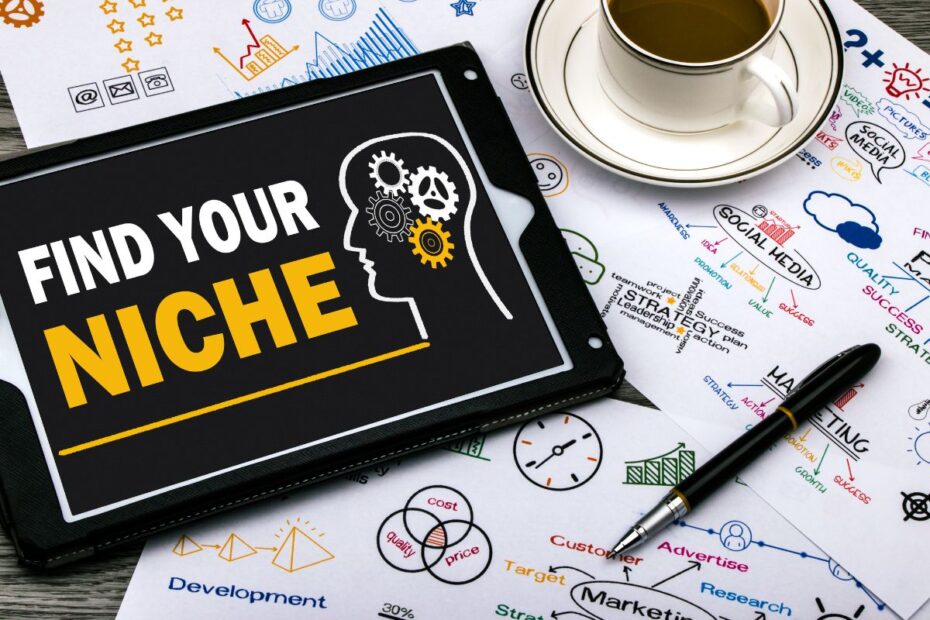 Um tablet sobre gráficos de negócios exibindo uma busca no Google com a frase "FIND YOUR NICHE" (Encontre seu nicho). O nicho como estratégia digital.