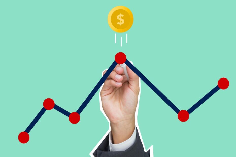 Crescimento do tráfego orgânico representado por gráfico com linha ascendente e moeda, simbolizando resultados ao longo do tempo